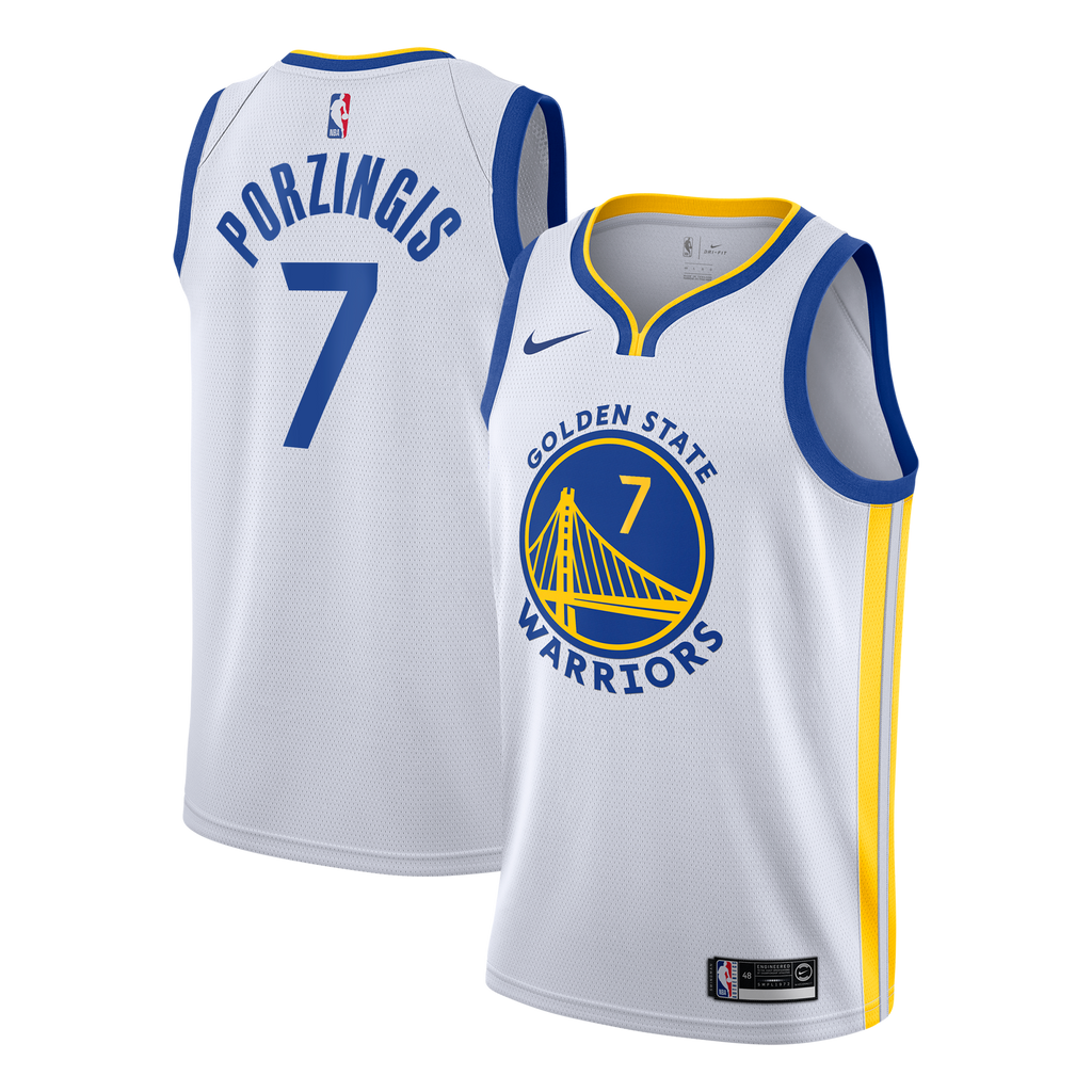 Golden State Warriors Nike Association Edition Swingman Jersey - White - Kristaps Porziņģis - Youth