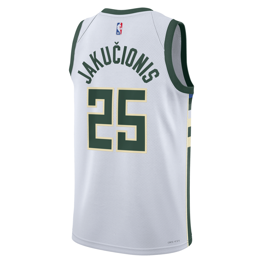 Milwaukee Bucks Nike Association Edition Swingman Jersey - White - Kasparas Jakučionis - Unisex